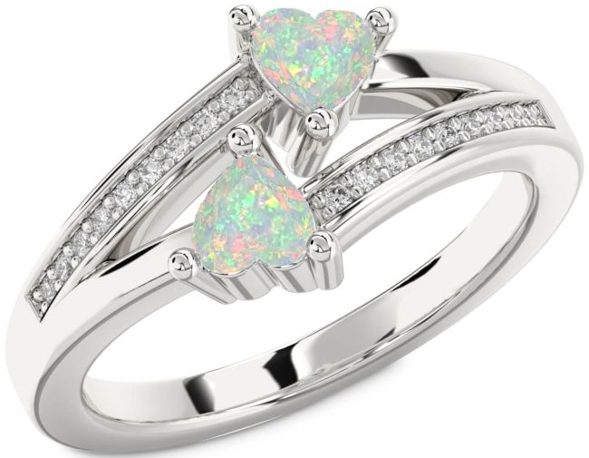 Diamond Opal Silver Two Heart Birthstone Ring