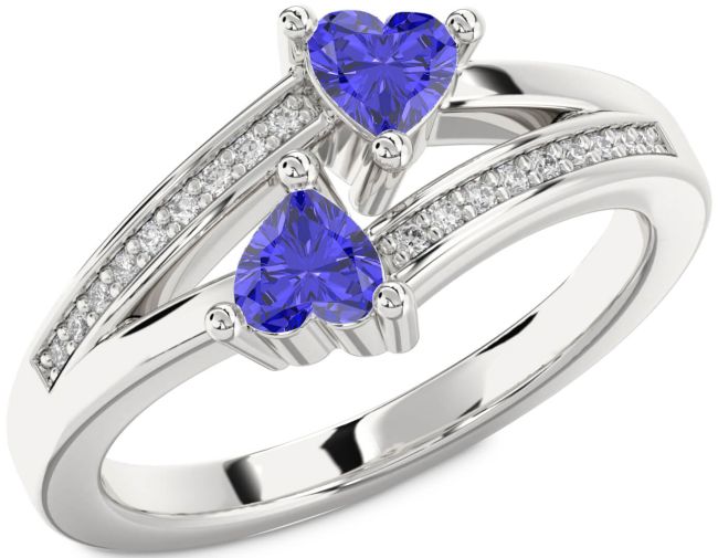 Diamond Tanzanite Silver Two Heart Ring