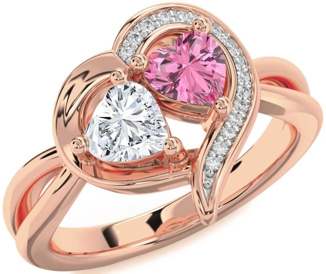 Diamond Rose Gold Silver Two Heart Promise Ring