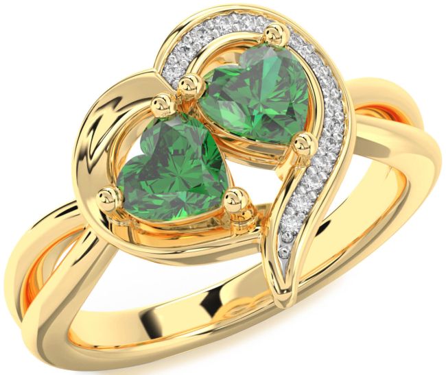 Diamond Emerald Gold Two Heart Birthstone Ring