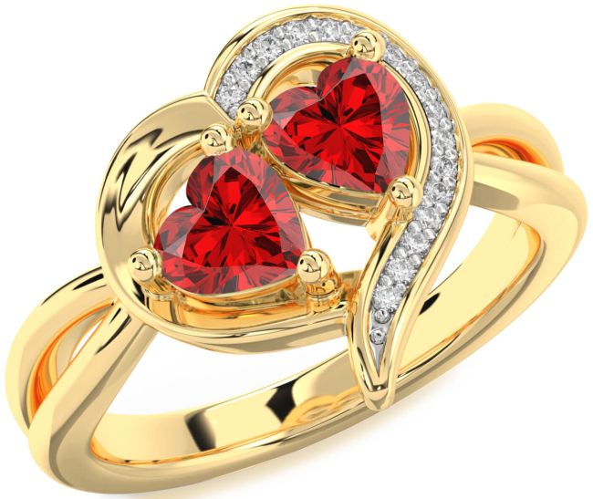 Diamond Ruby Gold Silver Two Heart Birthstone Ring
