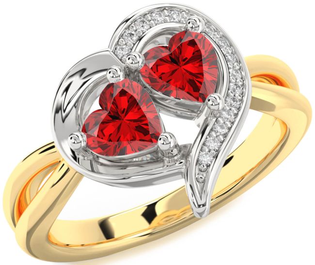 Diamond Ruby Gold Silver Two Heart Birthstone Ring