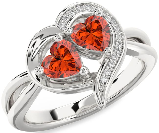 Diamond Fire Opal Silver Two Heart Ring
