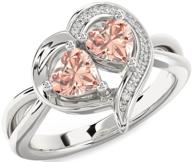 Diamond Morganite Silver Two Heart Ring