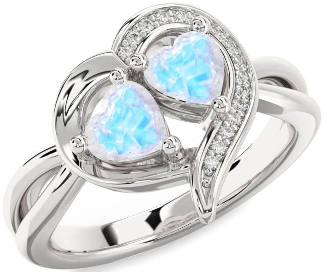 Diamond Moonstone Silver Two Heart Ring