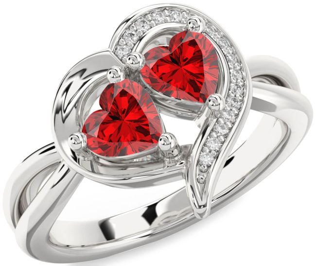 Diamond Ruby Silver Two Heart Birthstone Ring