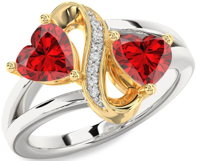 Diamond Ruby Gold Silver Infinity Two Heart Birthstone Ring