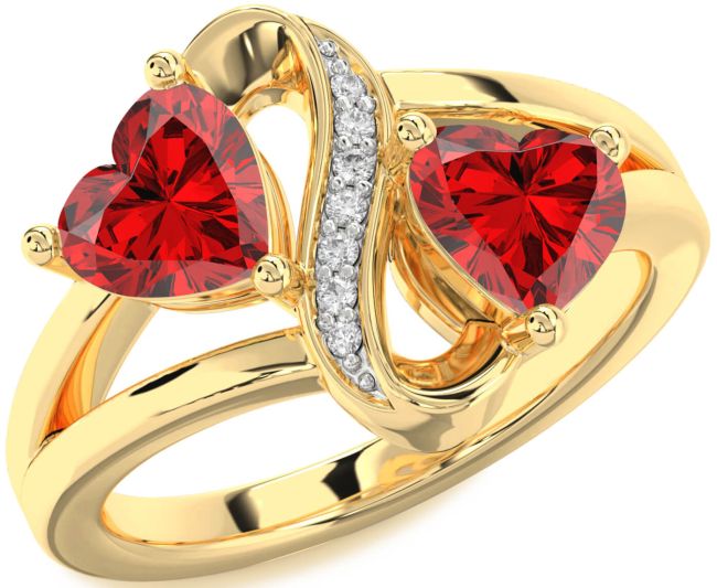 Diamond Ruby Gold Infinity Two Heart Birthstone Ring