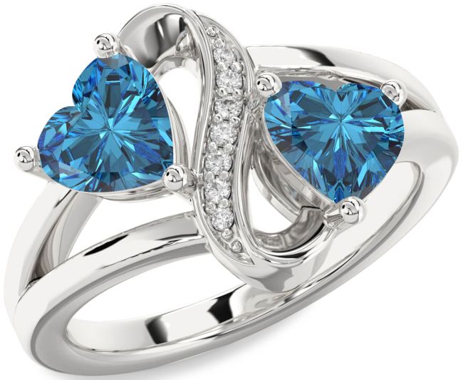 Blue Diamond Silver Infinity Two Heart Ring