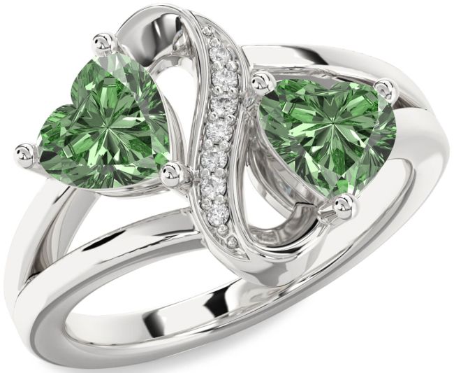 Green Diamond Silver Infinity Two Heart Ring