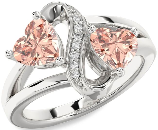 Diamond Morganite Silver Infinity Two Heart Ring