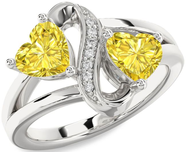 Yellow Diamond Silver Infinity Two Heart Ring
