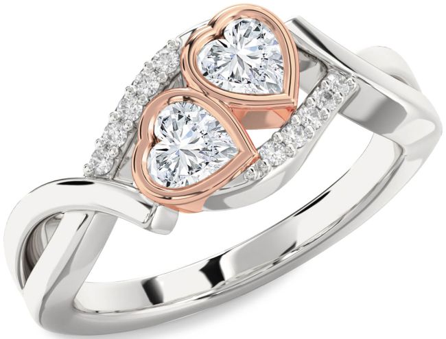 Diamond Silver & 10K Rose Gold Two Heart Ring