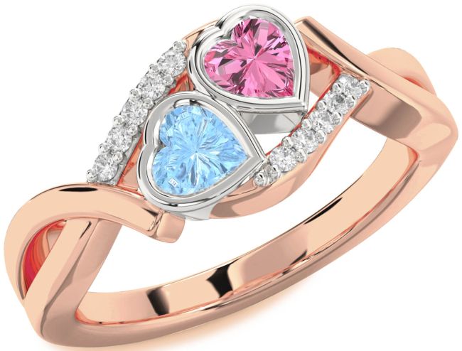 Diamond Rose Gold Silver Two Heart Promise Ring