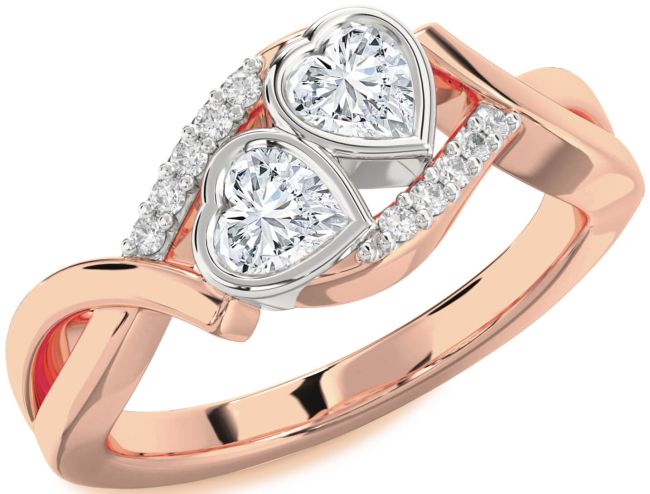 Diamond Rose Gold Silver Two Heart Ring