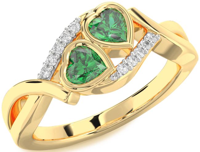 Diamond Emerald Gold Silver Two Heart Birthstone Ring