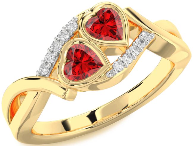 Diamond Ruby Gold Silver Two Heart Birthstone Ring