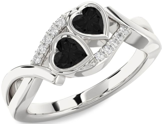 Black Diamond Silver Two Heart Ring