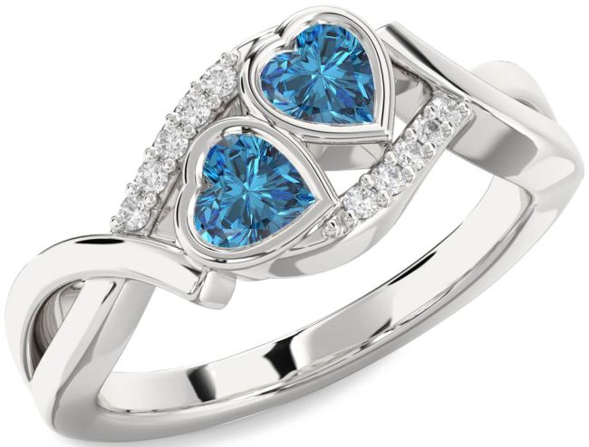 Blue Diamond Silver Two Heart Ring