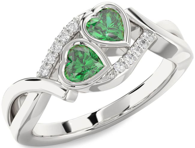 Diamond Emerald Silver Two Heart Birthstone Ring