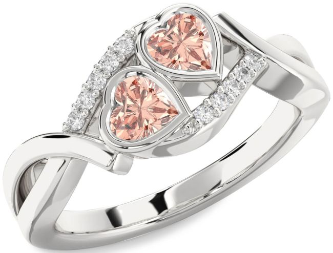 Diamond Morganite Silver Two Heart Ring