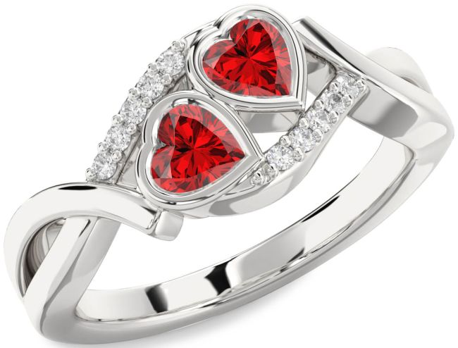 Diamond Ruby Silver Two Heart Birthstone Ring