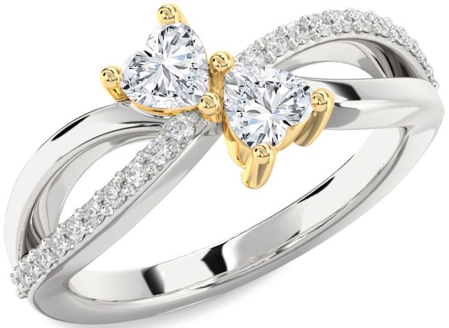 Diamond White Yellow Gold Two Heart Ring