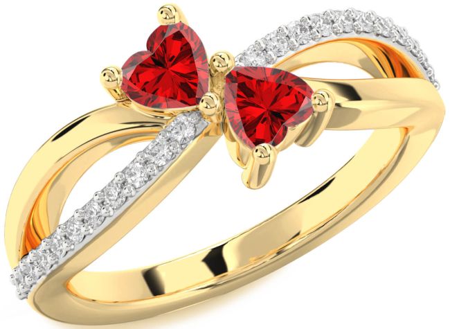 Diamond Ruby Gold Silver Two Heart Birthstone Ring
