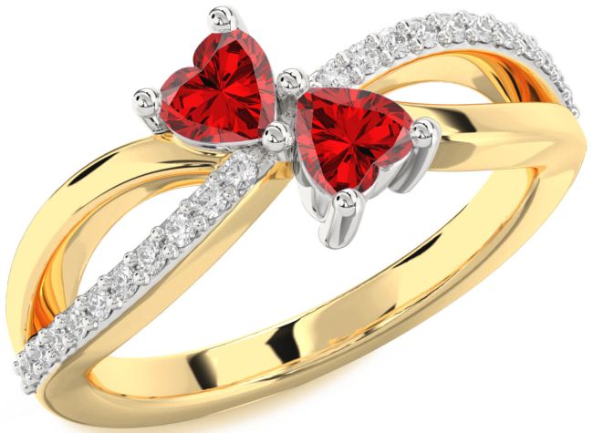 Diamond Ruby Gold Silver Two Heart Birthstone Ring