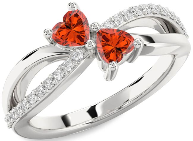 Diamond Fire Opal Silver Two Heart Ring