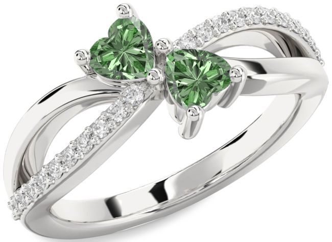 Green Diamond Silver Two Heart Ring