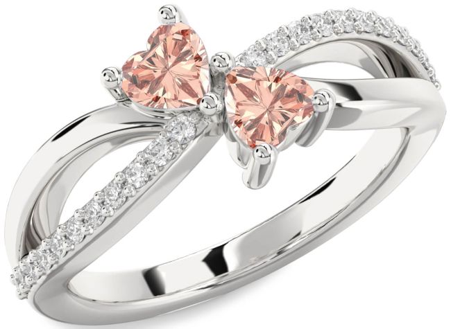 Diamond Morganite Silver Two Heart Ring