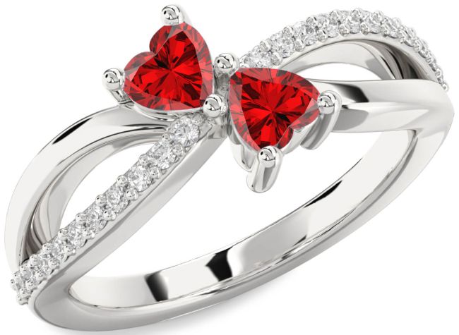 Diamond Ruby Silver Two Heart Birthstone Ring