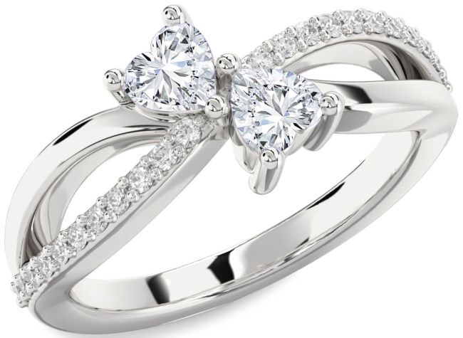Salt & Pepper Diamond Silver Two Heart Ring