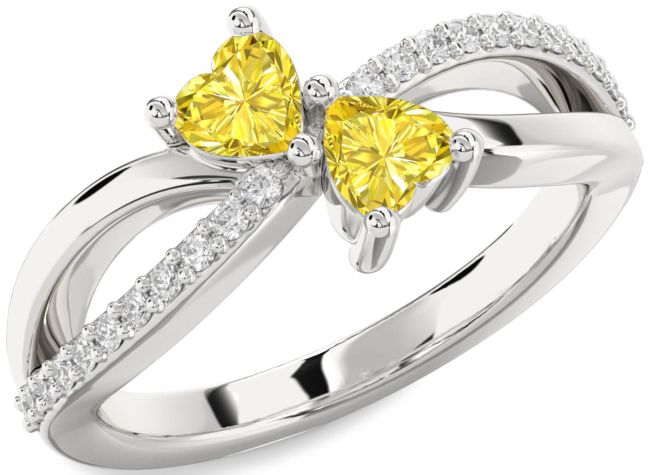 Yellow Diamond Silver Two Heart Ring