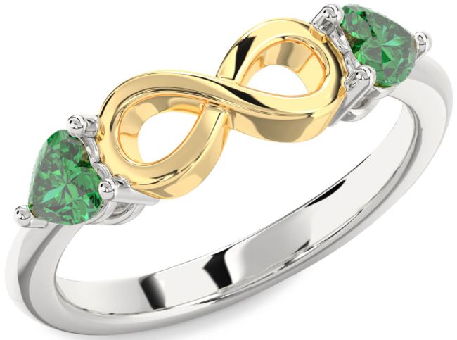 Emerald Gold Silver Infinity Two Heart Birthstone Ring