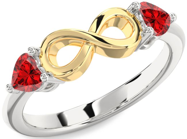 Ruby Gold Silver Infinity Two Heart Birthstone Ring