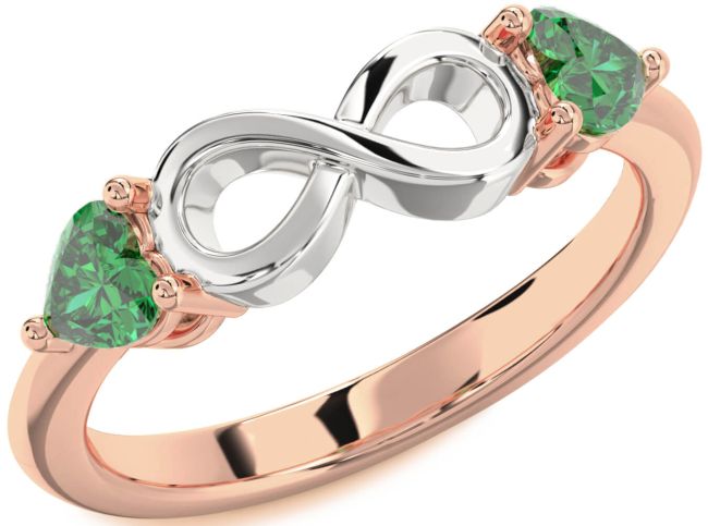 Emerald Rose Gold Silver Infinity Two Heart Birthstone Ring