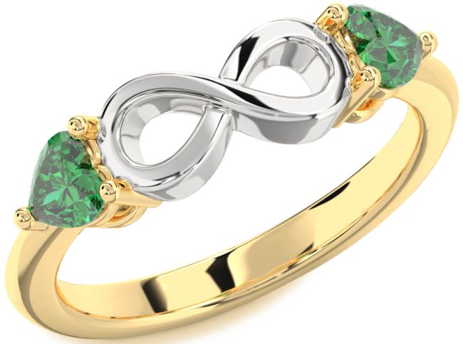 Emerald Gold Silver Infinity Two Heart Birthstone Ring
