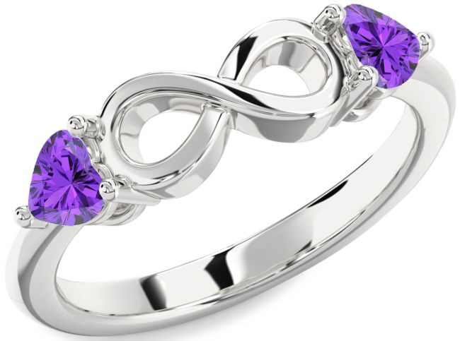 Amethyst Silver Infinity Two Heart Birthstone Ring