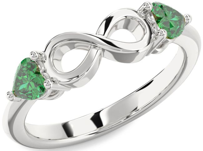 Emerald Silver Infinity Two Heart Birthstone Ring