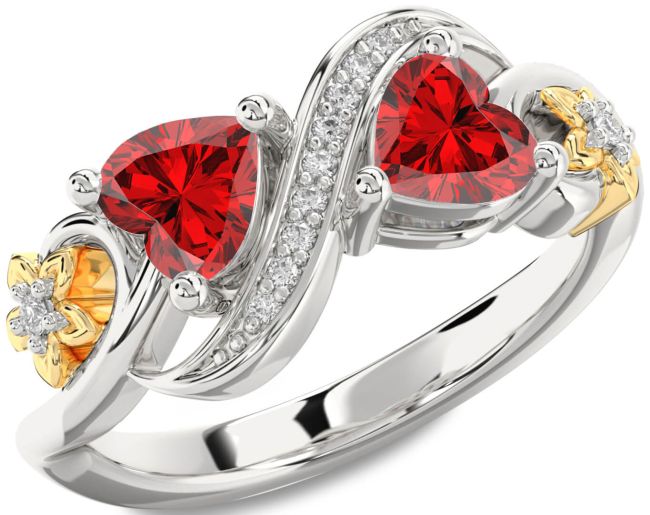 Diamond Ruby Gold Silver Infinity Two Heart Birthstone Ring