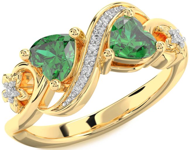 Diamond Emerald Gold Infinity Two Heart Birthstone Ring