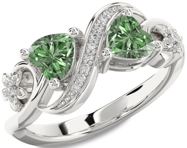 Green Diamond Silver Infinity Two Heart Ring