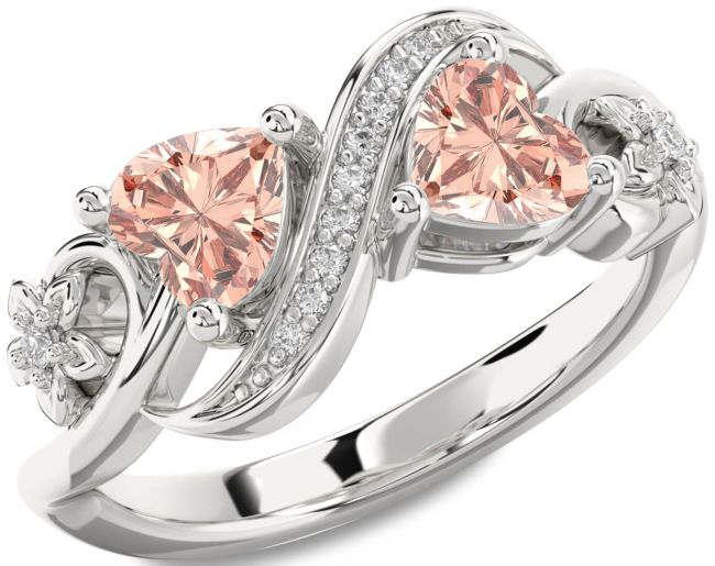 Diamond Morganite Silver Infinity Two Heart Ring