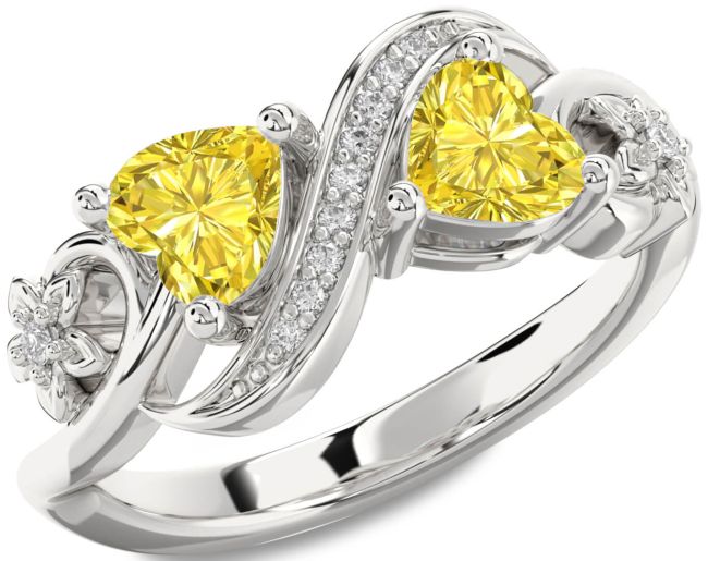 Yellow Diamond Silver Infinity Two Heart Ring
