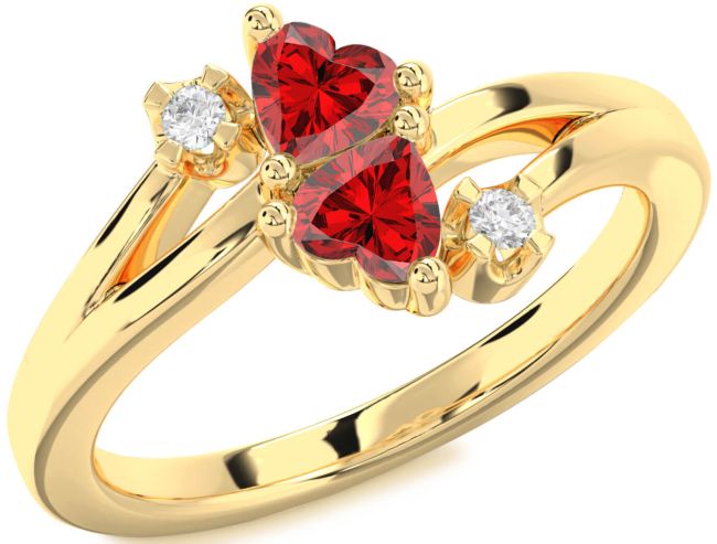 Diamond Ruby Gold Silver Two Heart Birthstone Ring