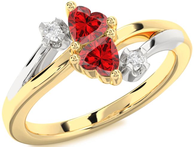 Diamond Ruby Gold Silver Two Heart Birthstone Ring