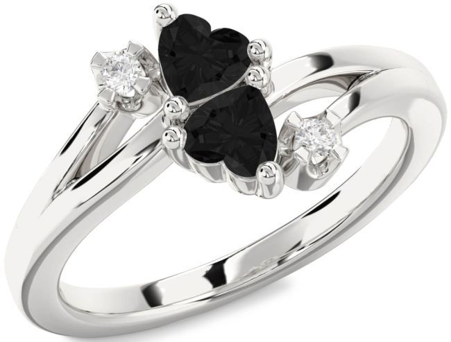 Black Diamond Silver Two Heart Ring