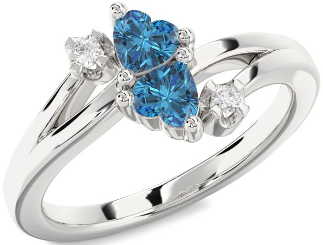 Blue Diamond Silver Two Heart Ring